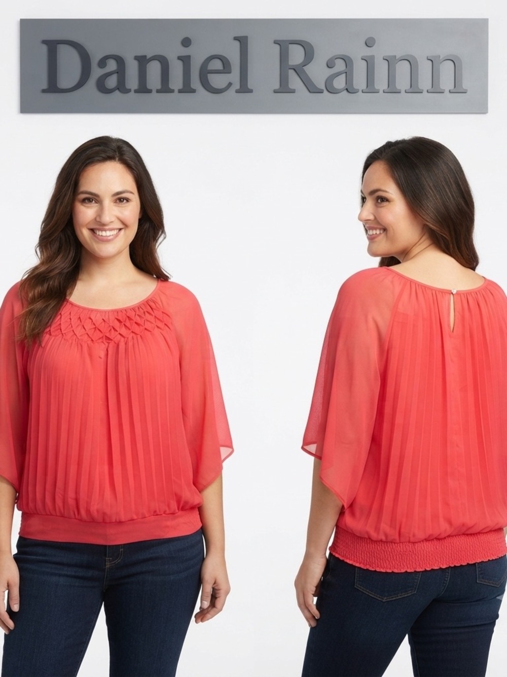 Daniel Rainn Pleated Sheer Batwing Reddish Pink Blouse Medium